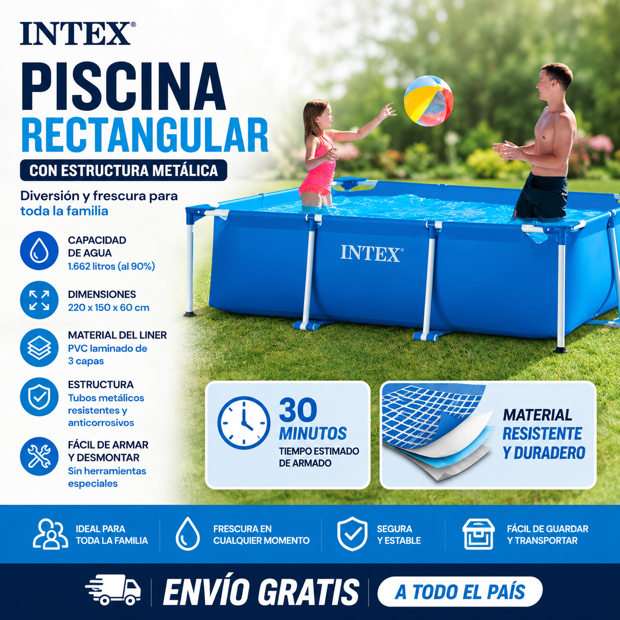 Piscina Rectangular INTEX 220×150×60 cm – Estructura Metálica Resistente