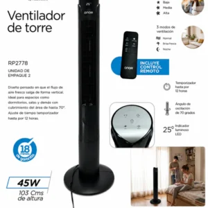 Ventilador Torre Onoff 105 cm – Panel Digital y Control Remoto