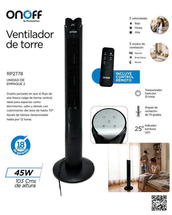 Ventilador Torre Onoff 105 cm – Panel Digital y Control Remoto