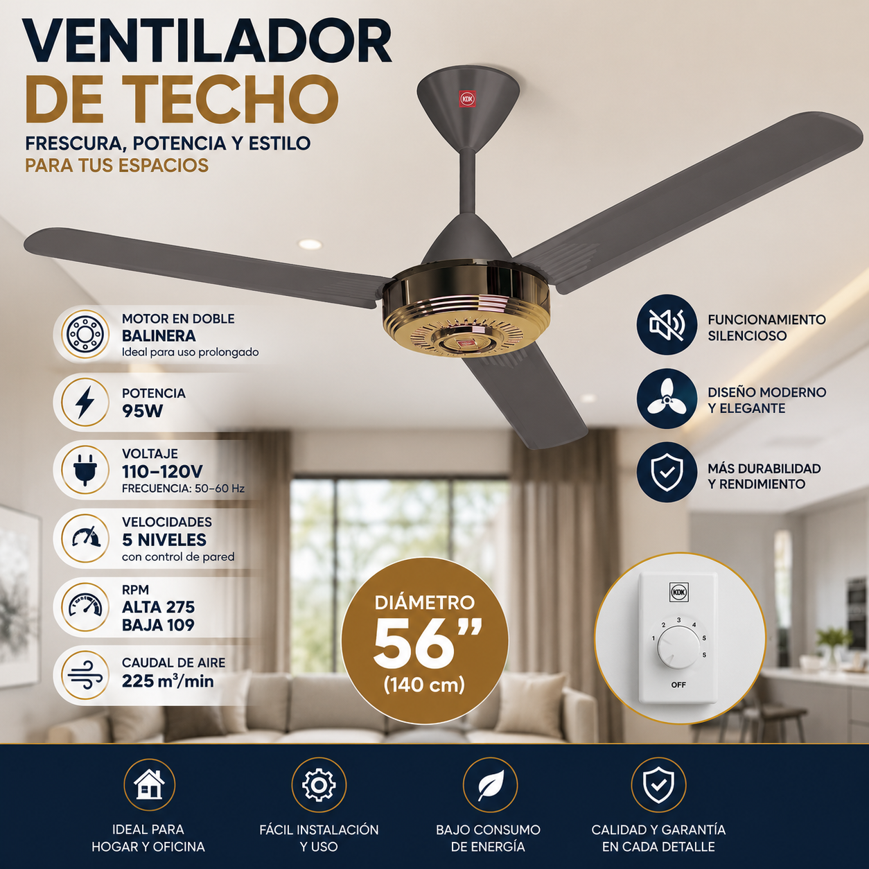 Ventilador de Techo KDKG 56” – Línea Económica, Motor Doble Balinera